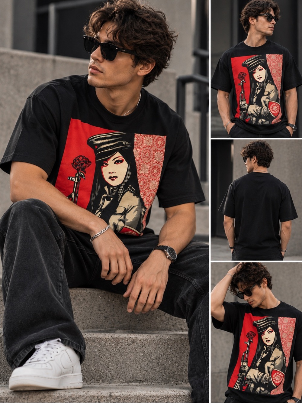 OBEY Men’s Large Black Graphic T-Shirt Red Woman Rifle Streetwear Tee